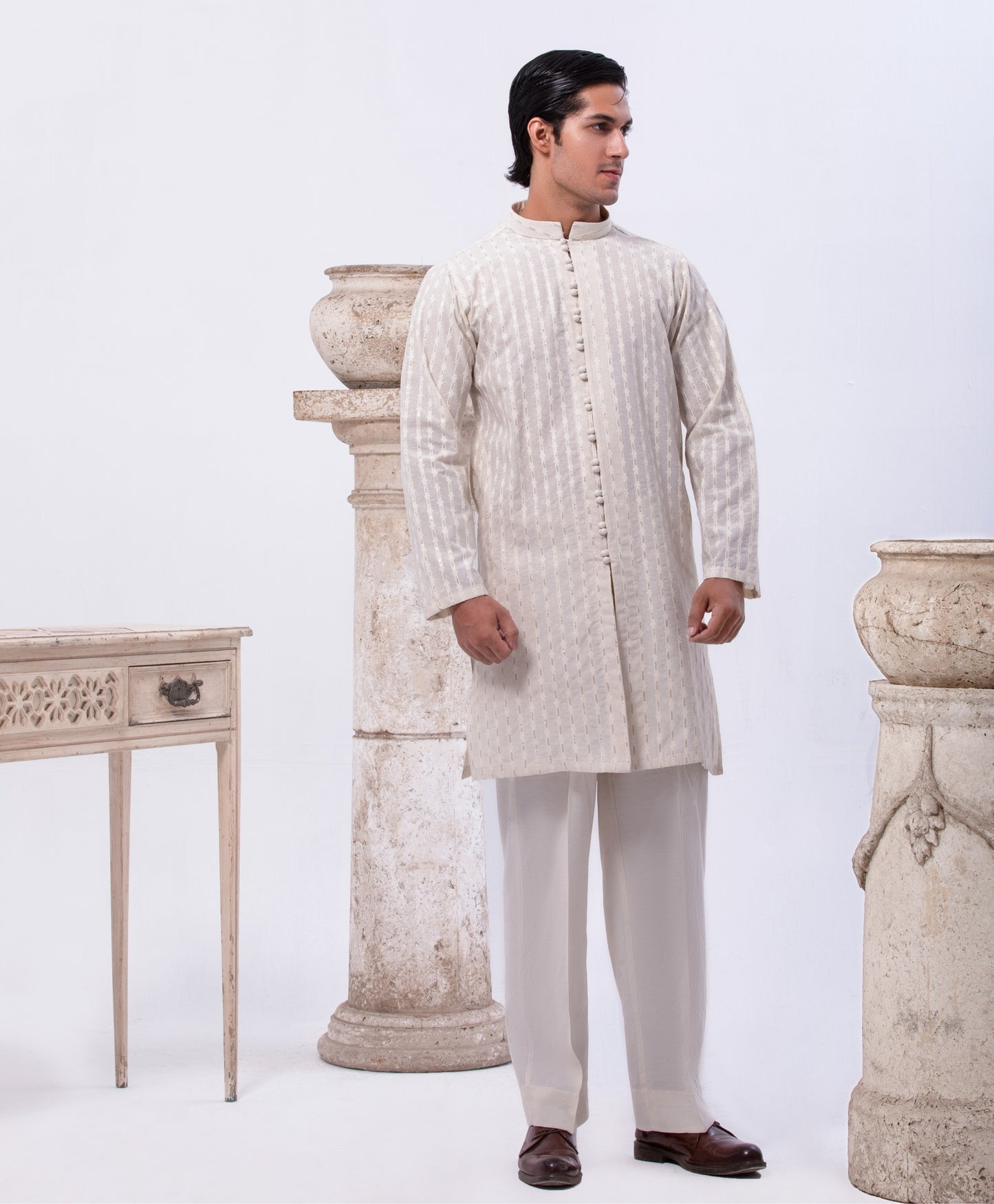 Off-White Self Cotton with Open Loop Embroidery