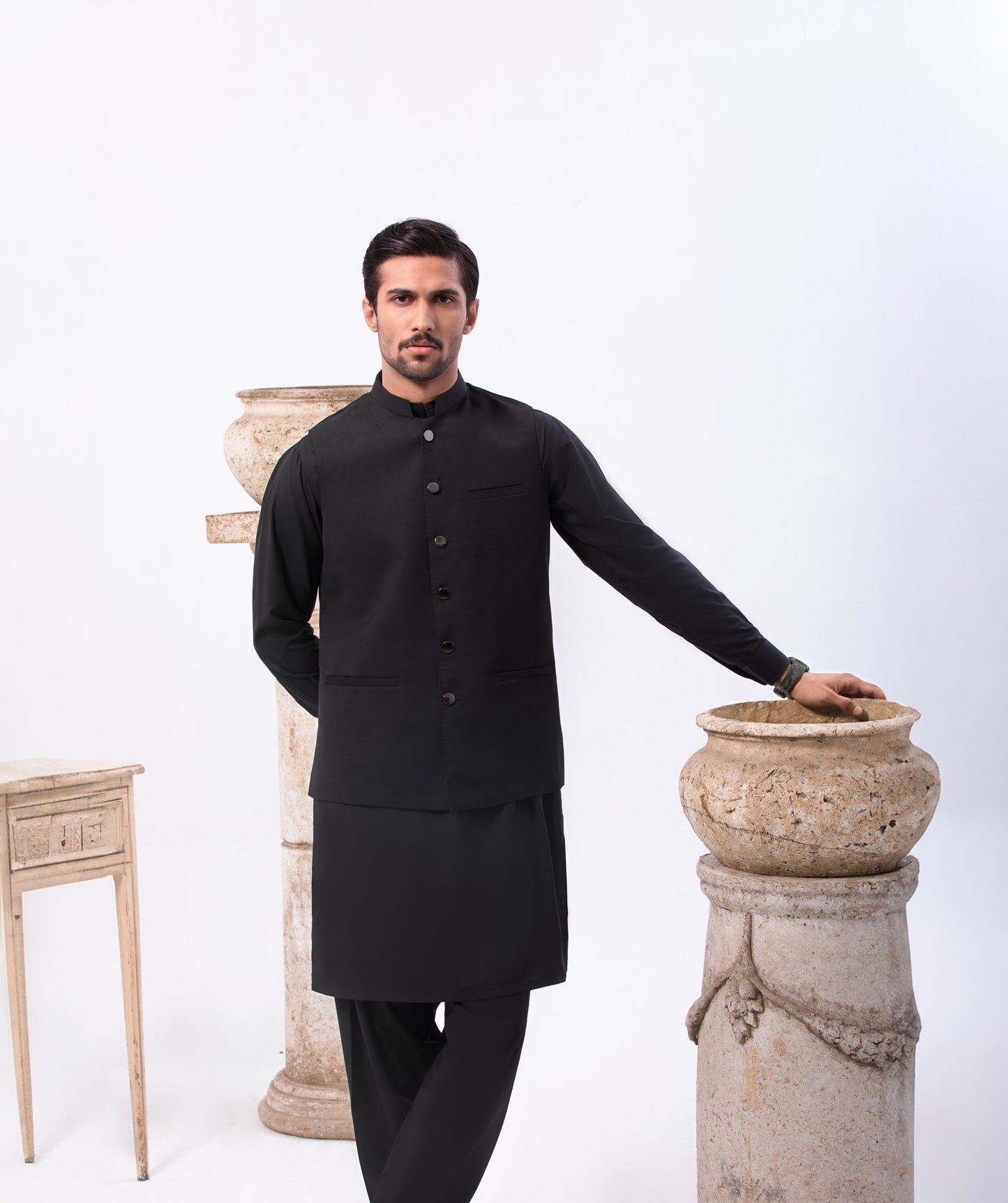 Special Blend Fabric Shalwar Kameez & Waistcoat Black