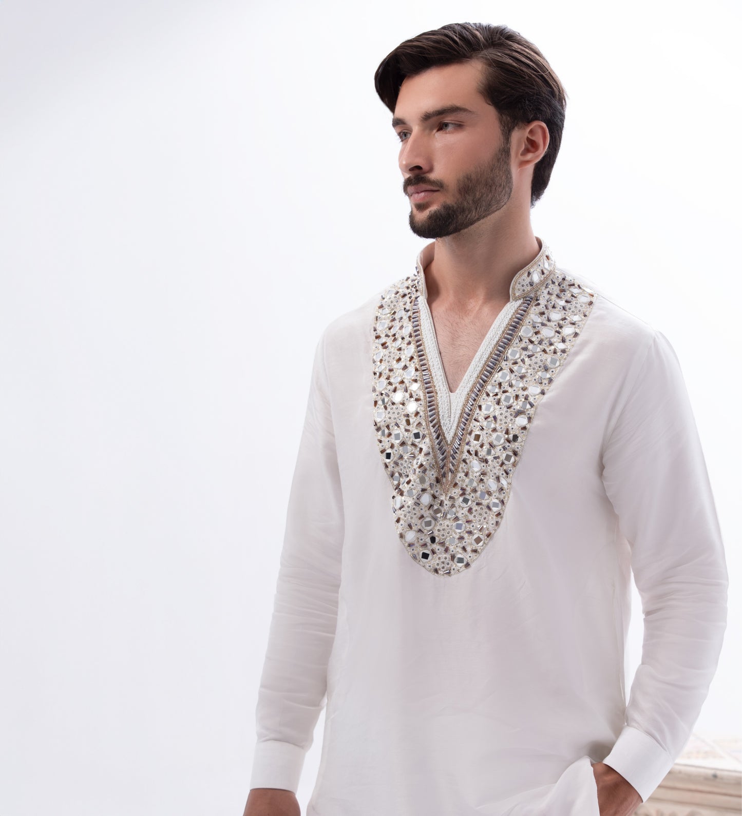 Premium Raw Silk Fabric with Hand-Made Mirror Work – Off-White
