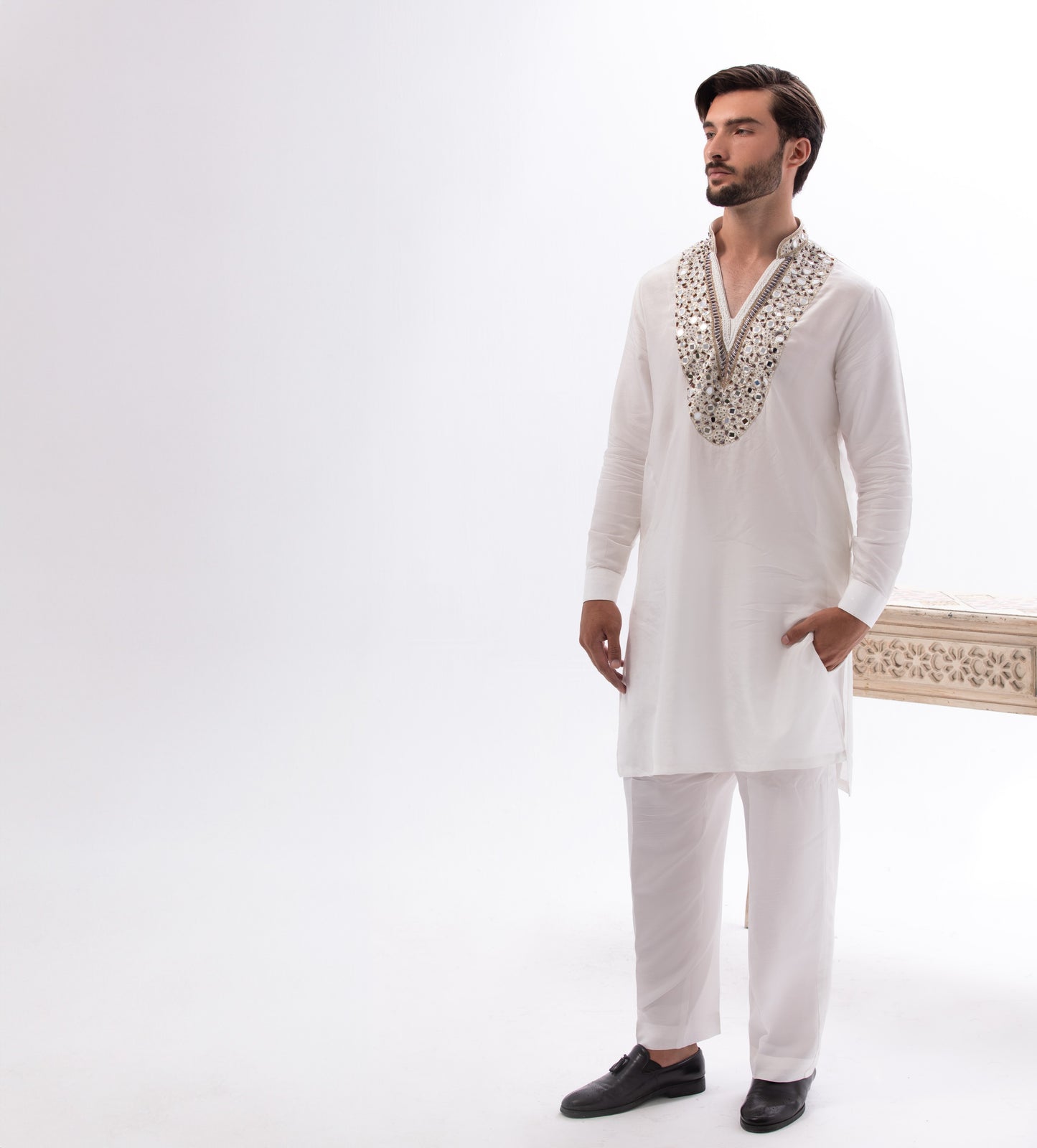 Premium Raw Silk Fabric with Hand-Made Mirror Work – Off-White