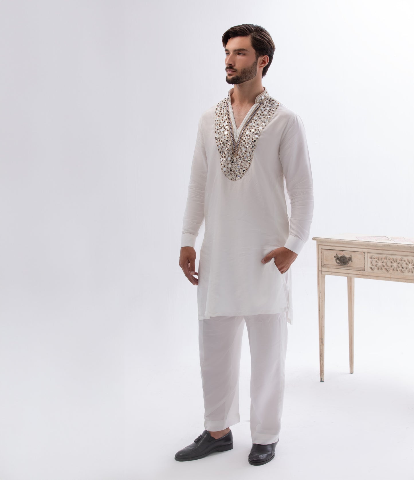 Premium Raw Silk Fabric with Hand-Made Mirror Work – Off-White