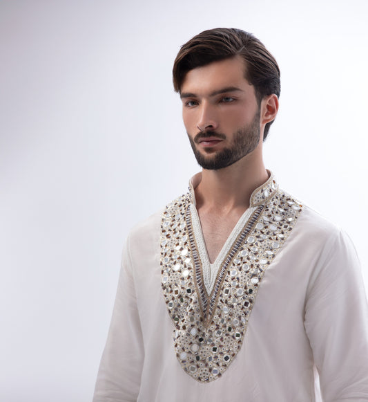 Premium Raw Silk Fabric with Hand-Made Mirror Work – Off-White