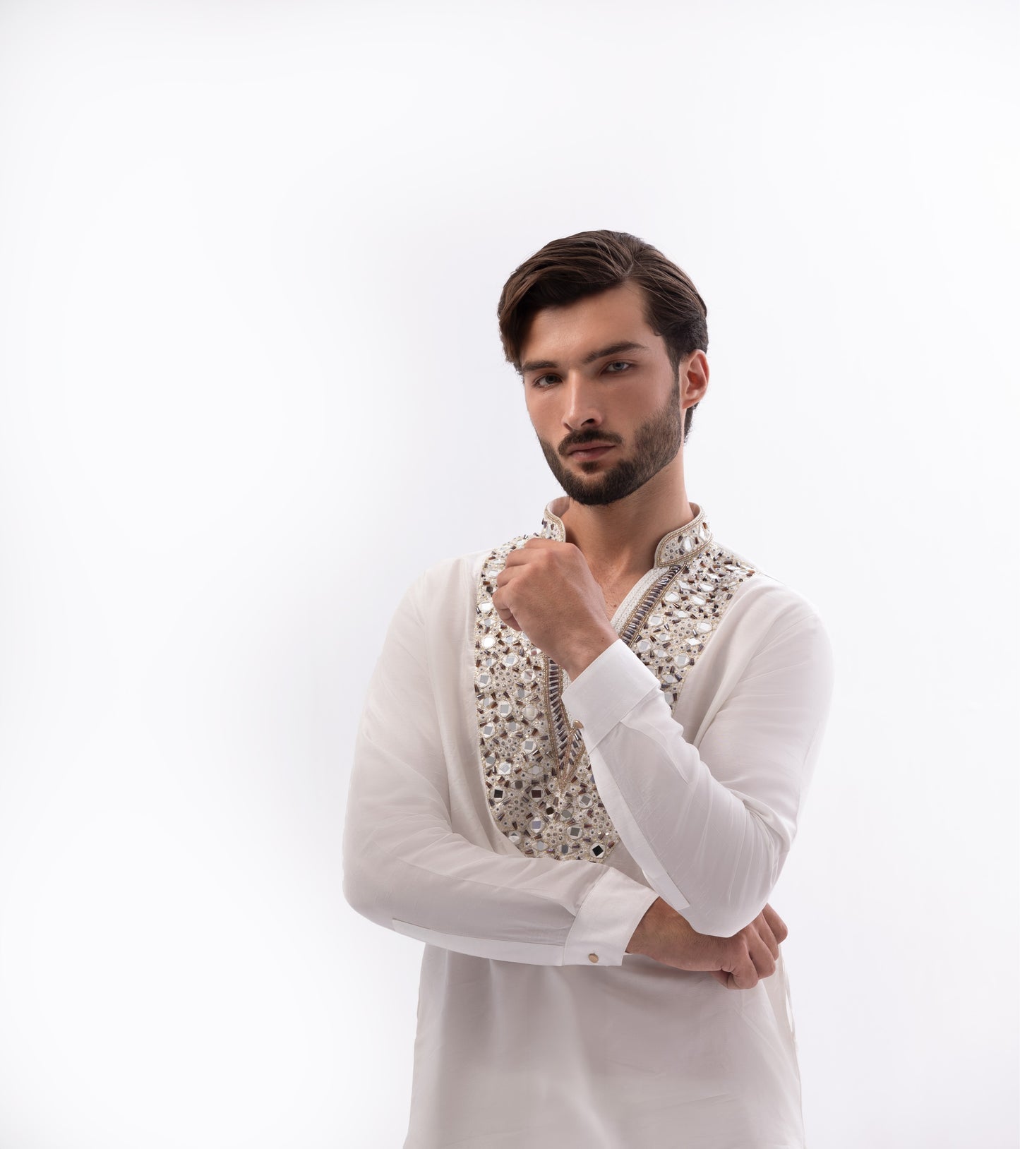 Premium Raw Silk Fabric with Hand-Made Mirror Work – Off-White