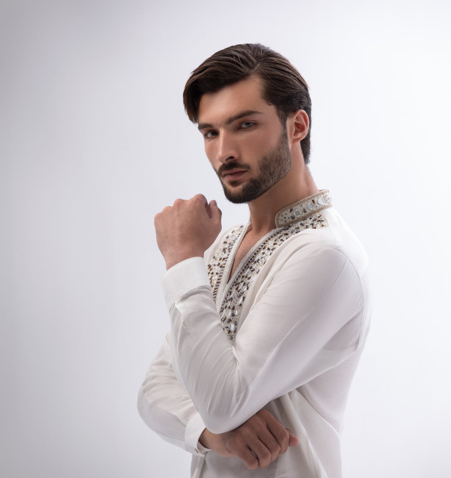 Premium Raw Silk Fabric with Hand-Made Mirror Work – Off-White
