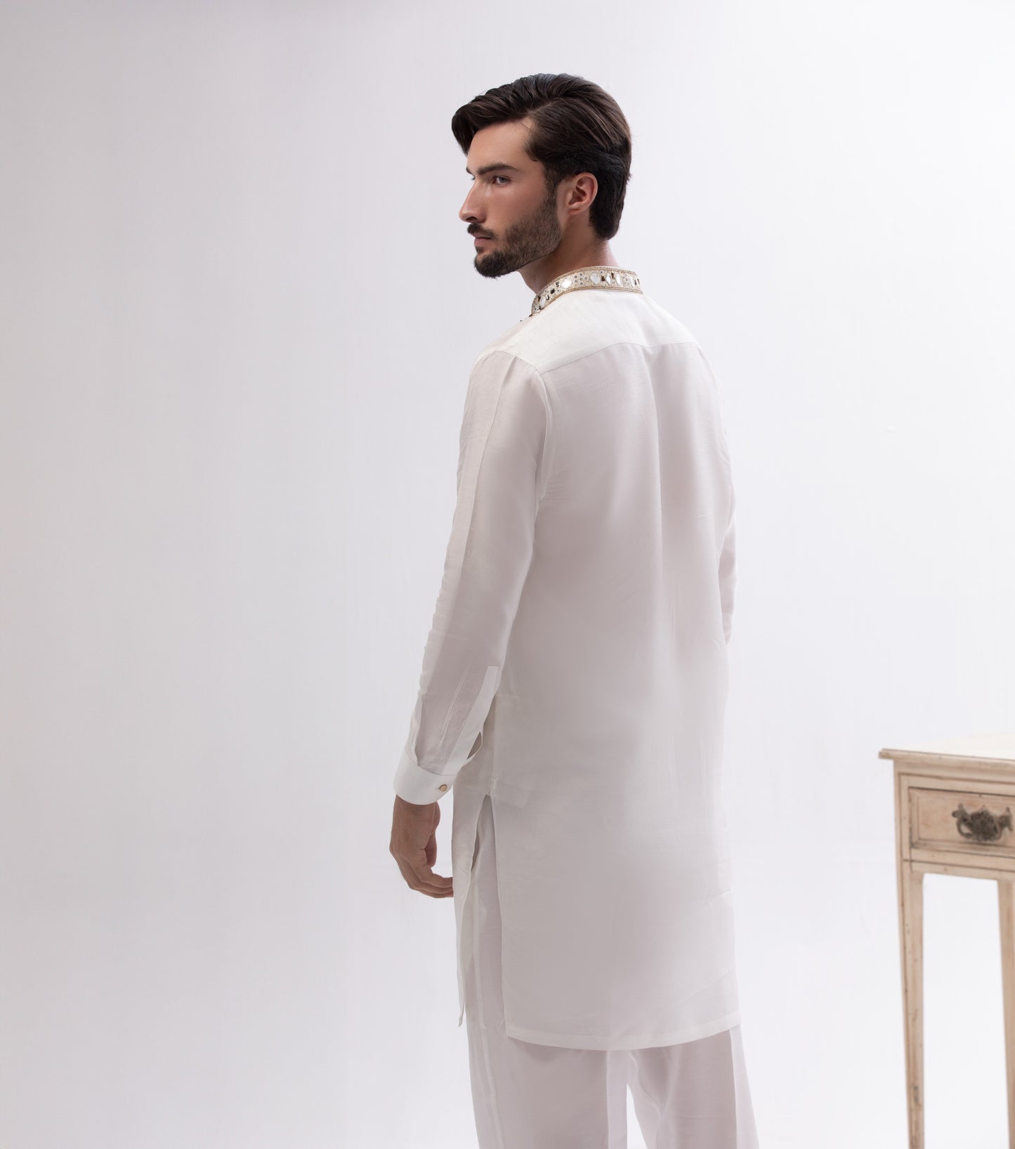 Premium Raw Silk Fabric with Hand-Made Mirror Work – Off-White