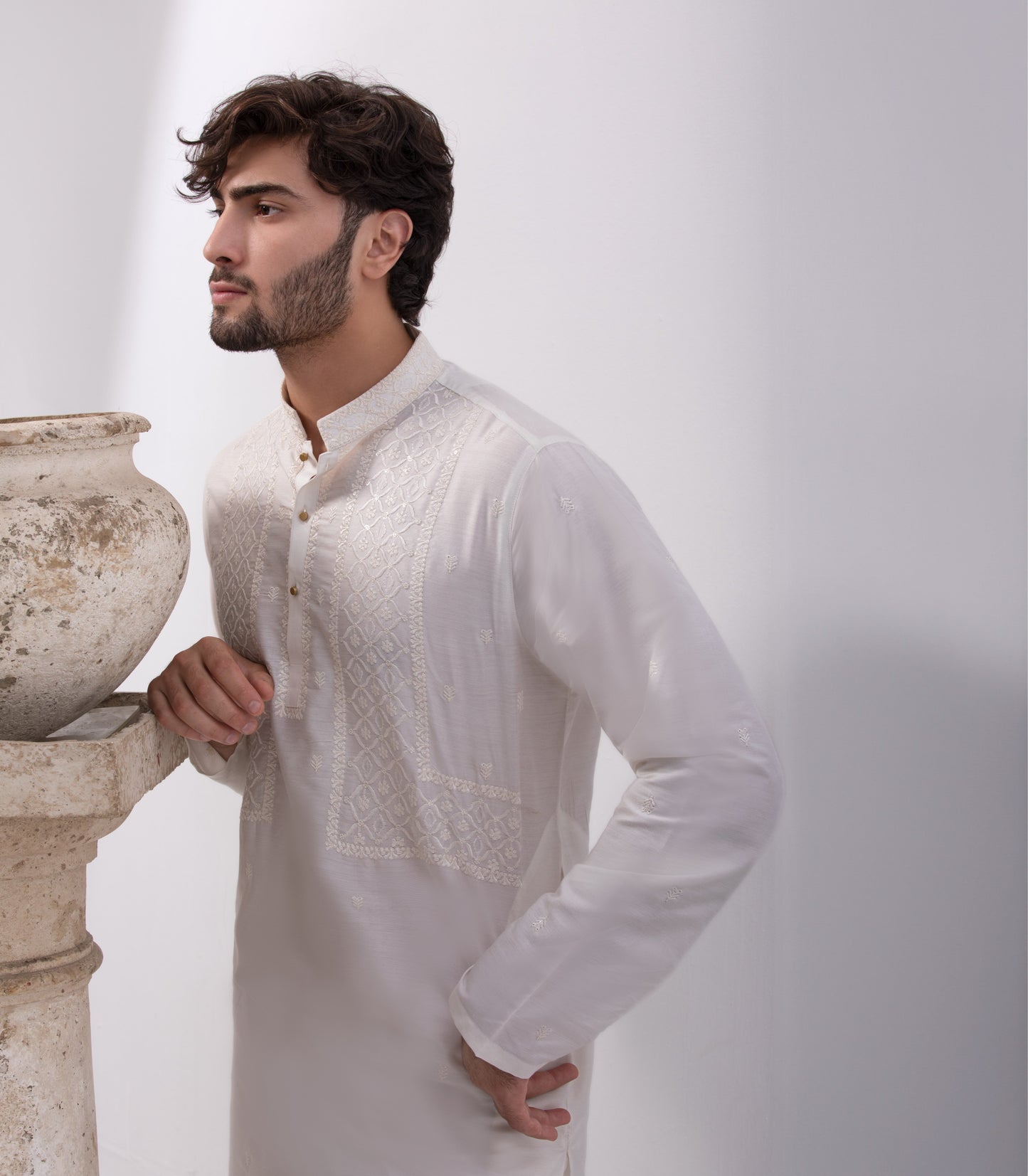 Off-White Cotton Fabric with Pattern Embroidery