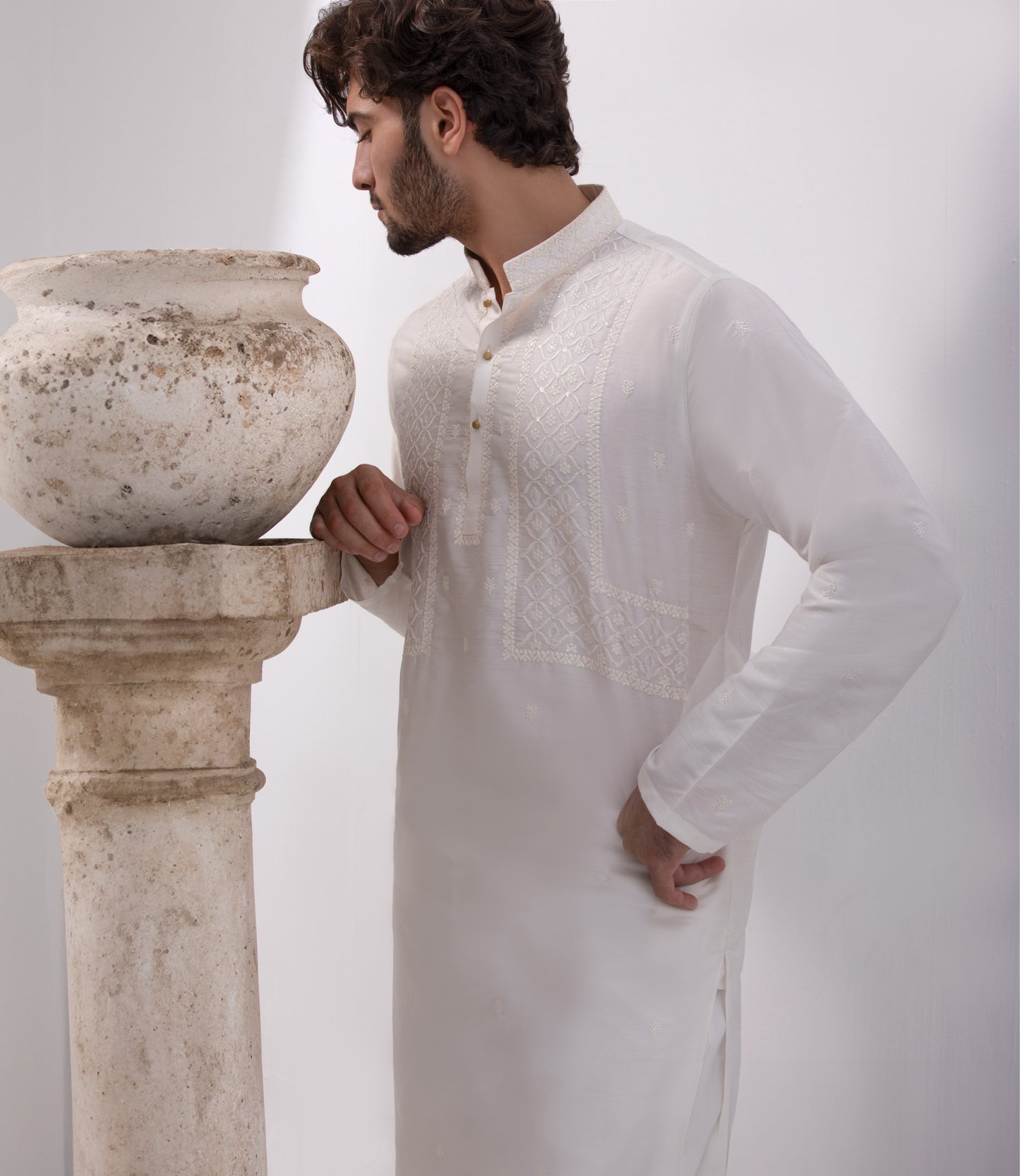 Off-White Cotton Fabric with Pattern Embroidery