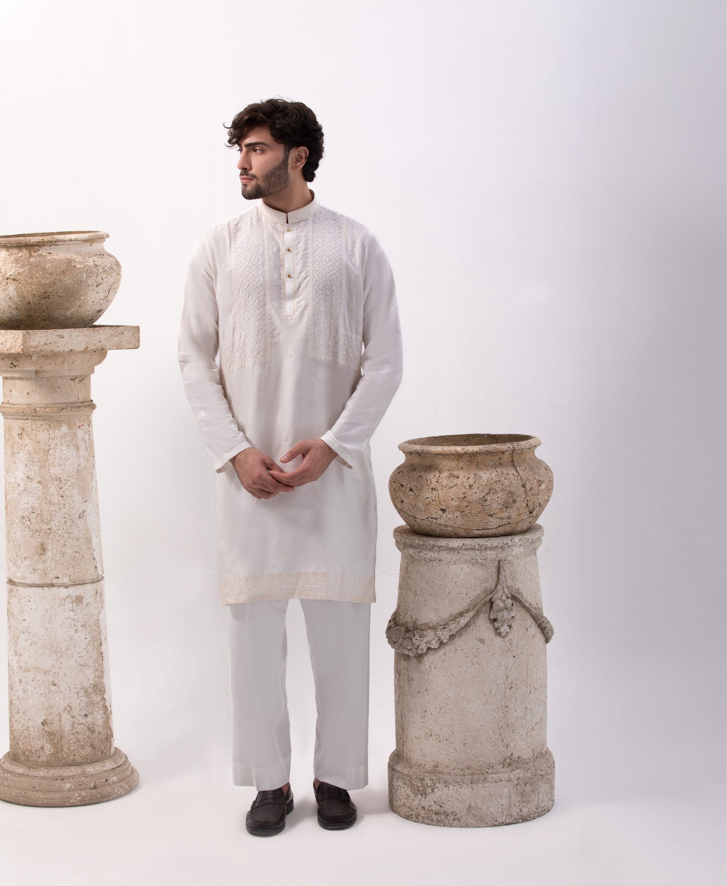 Off-White Cotton Fabric with Pattern Embroidery