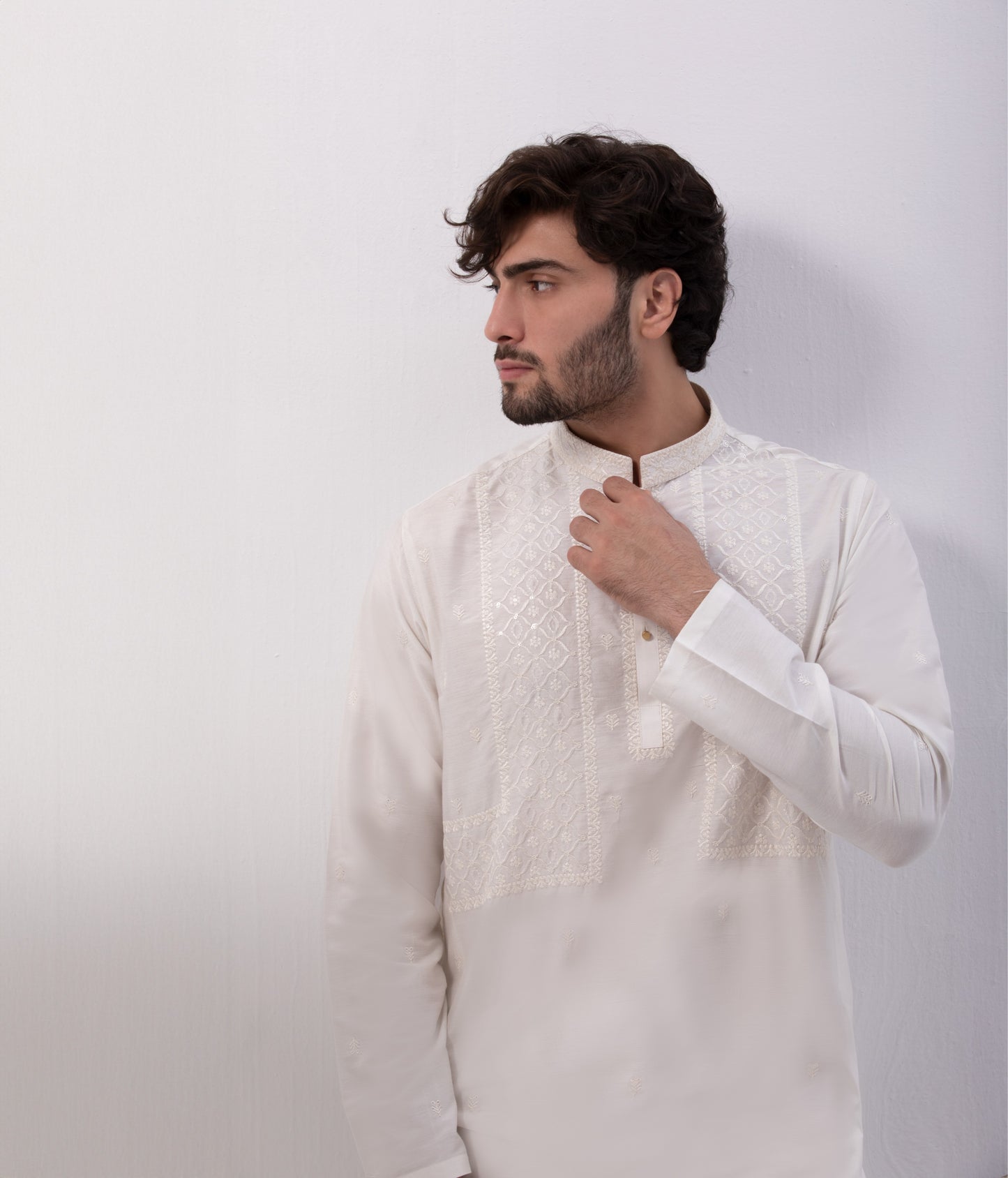 Off-White Cotton Fabric with Pattern Embroidery
