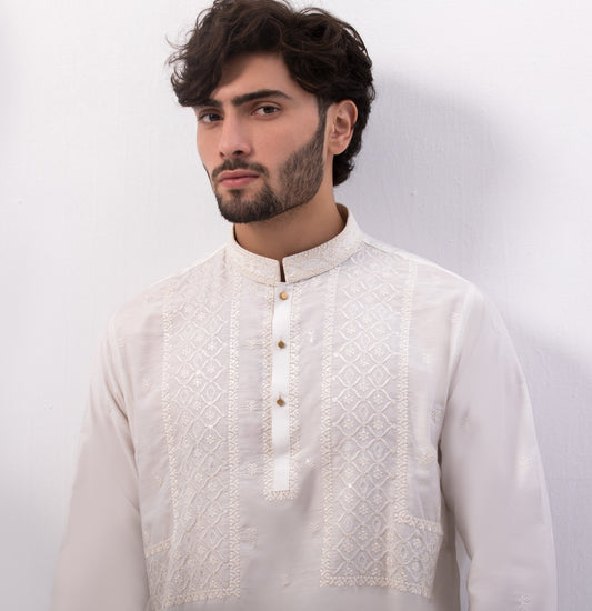 Off-White Cotton Fabric with Pattern Embroidery