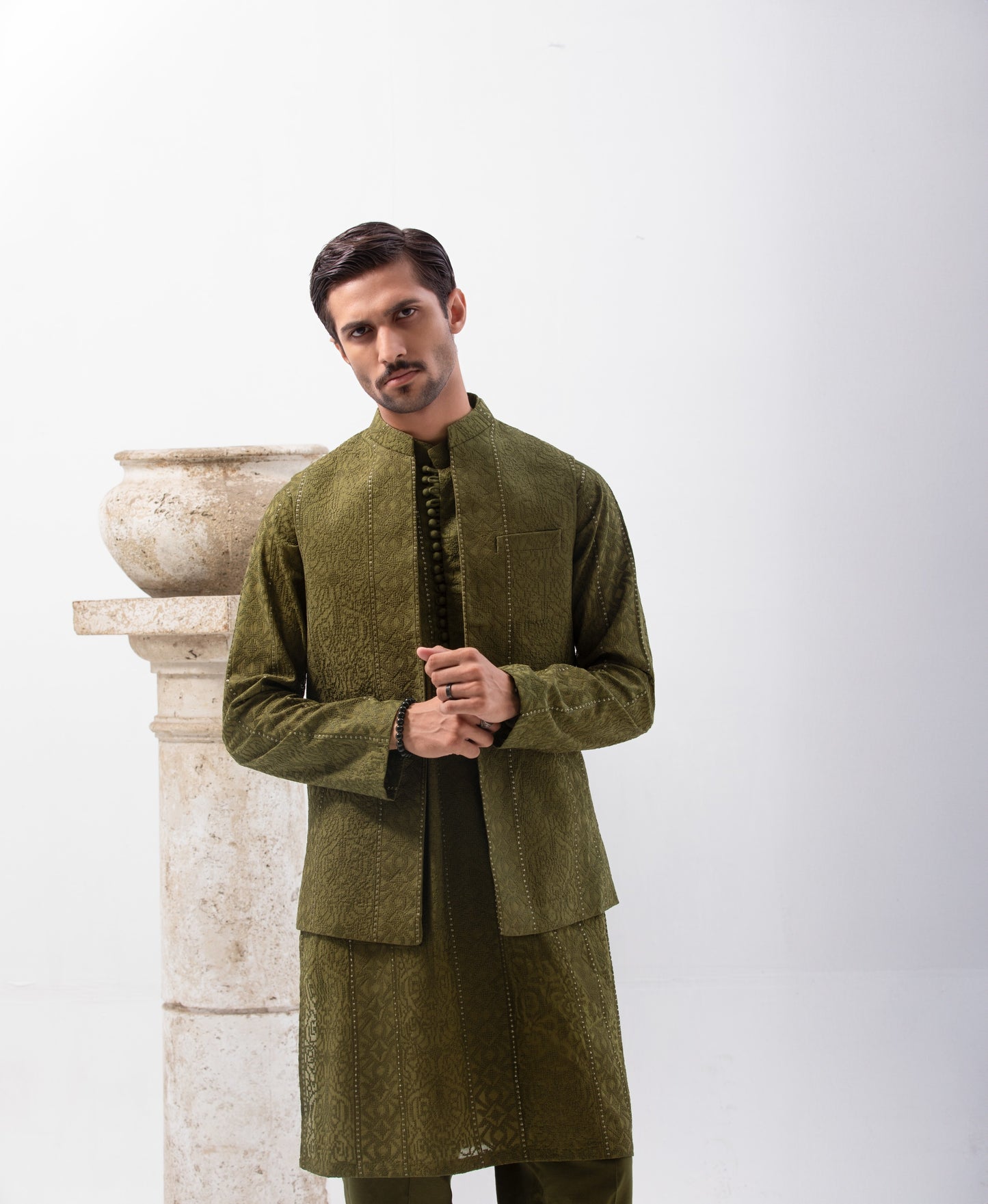 Special Blend Fabric Shalwar Kameez & Waistcoat  Mehndi