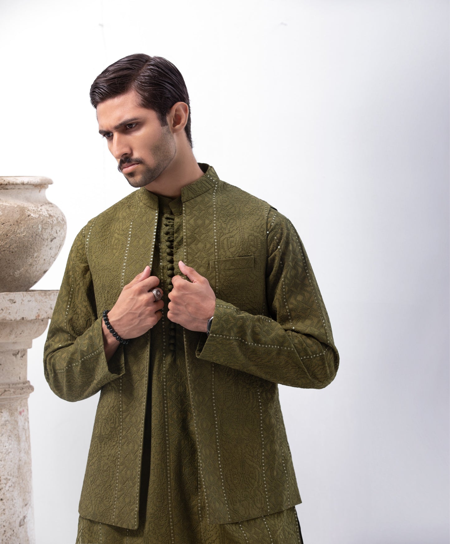 Special Blend Fabric Shalwar Kameez & Waistcoat  Mehndi