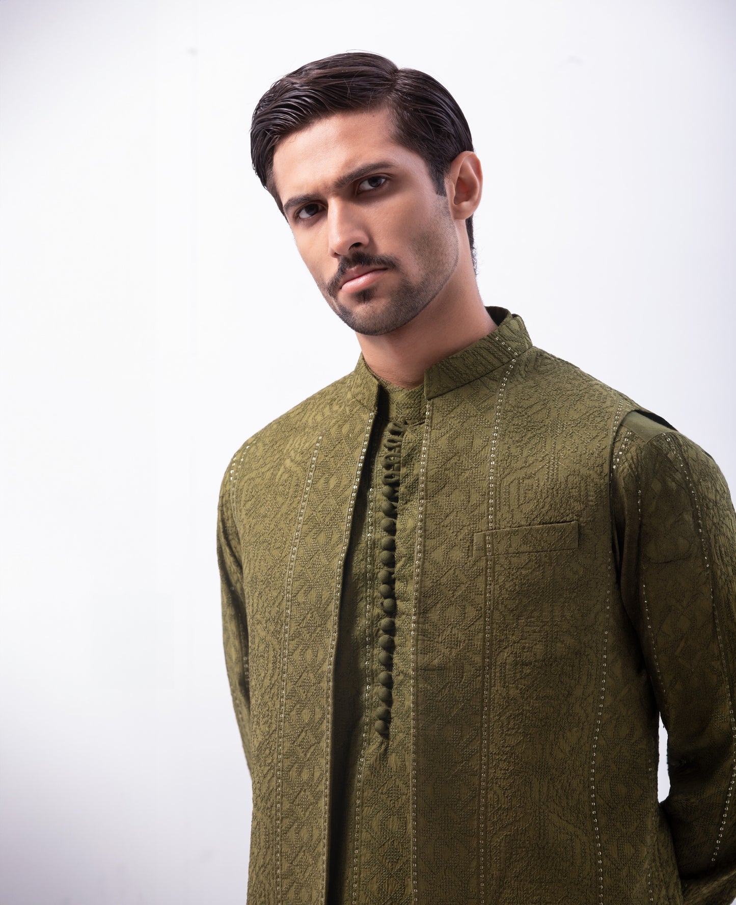 Special Blend Fabric Shalwar Kameez & Waistcoat  Mehndi