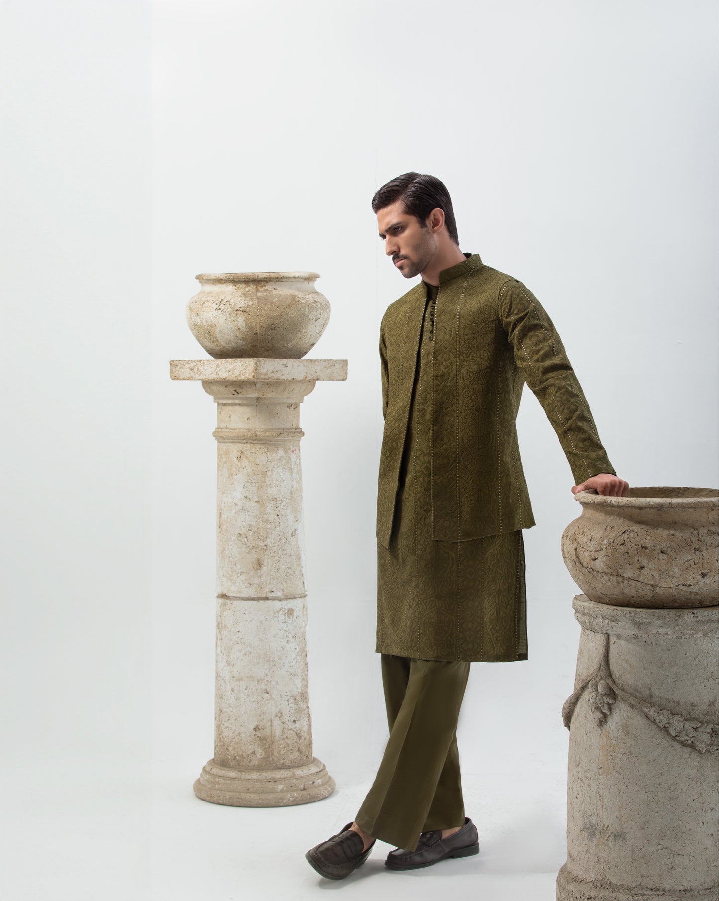 Special Blend Fabric Shalwar Kameez & Waistcoat  Mehndi