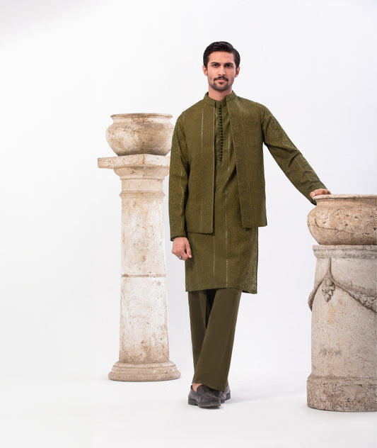 Special Blend Fabric Shalwar Kameez & Waistcoat  Mehndi