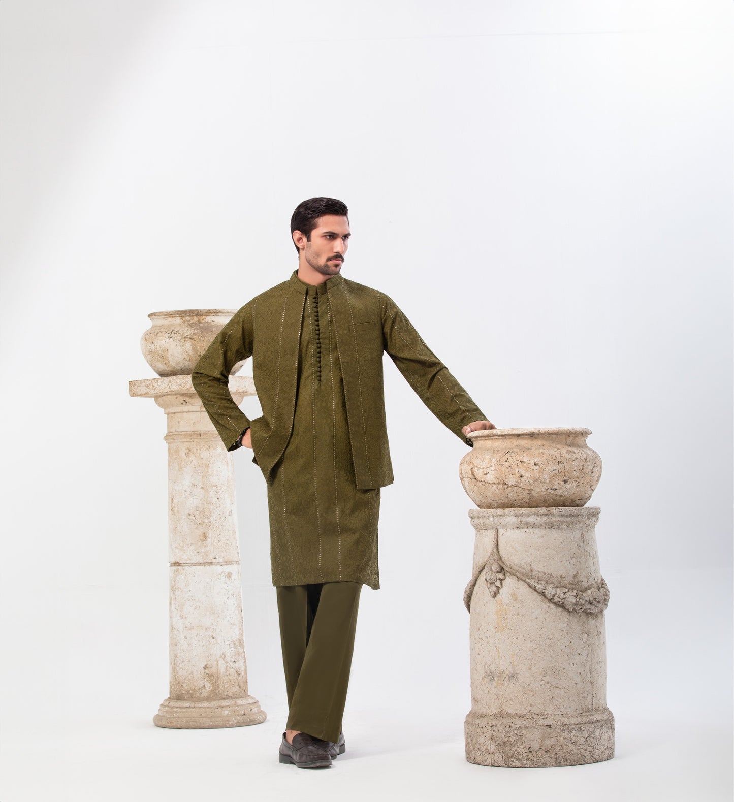 Special Blend Fabric Shalwar Kameez & Waistcoat  Mehndi