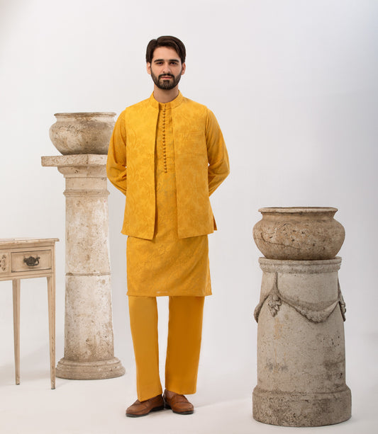 Special Cotton Fabric Shalwar Kameez & Waistcoat Yellow