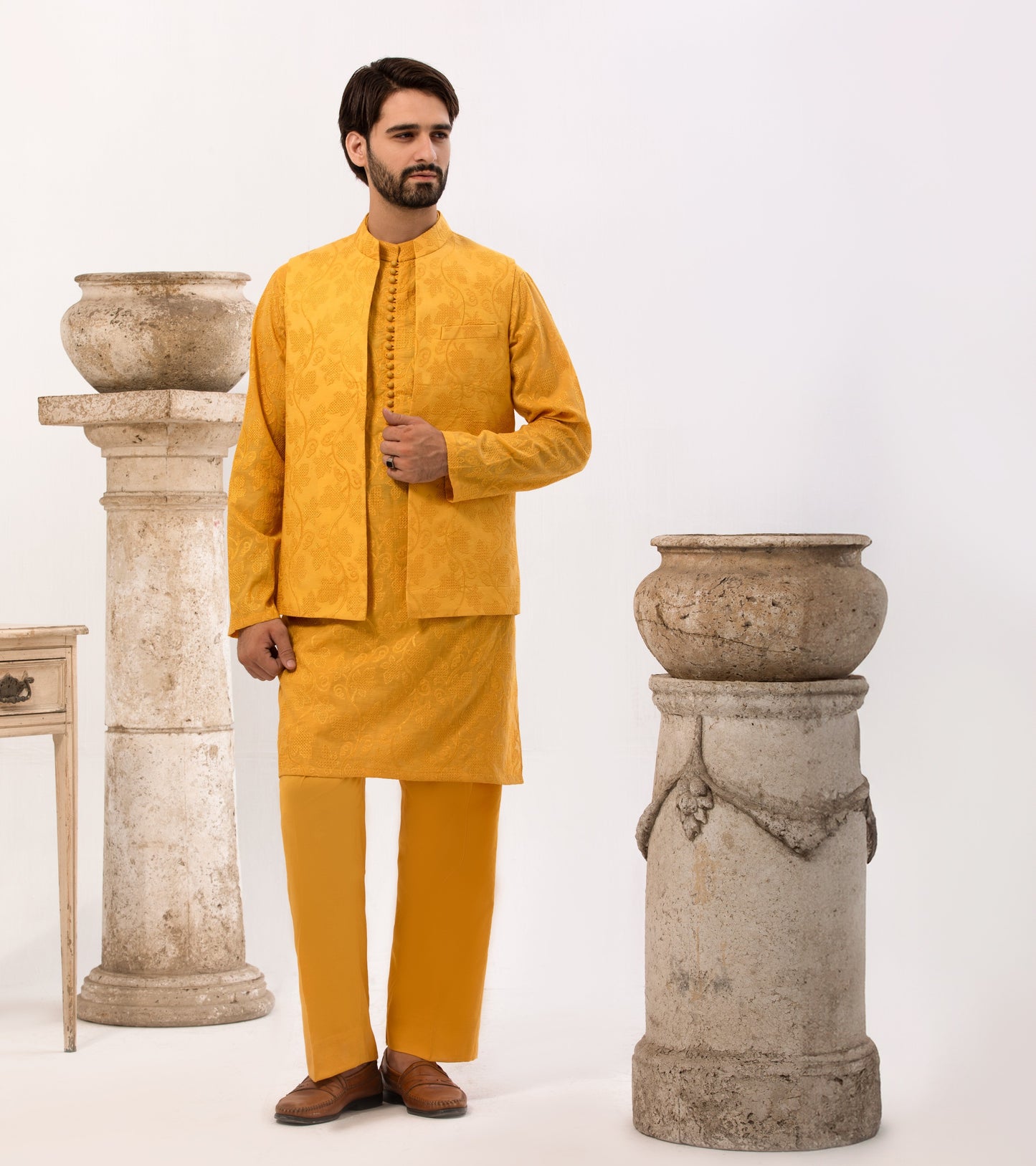 Special Cotton Fabric Shalwar Kameez & Waistcoat Yellow
