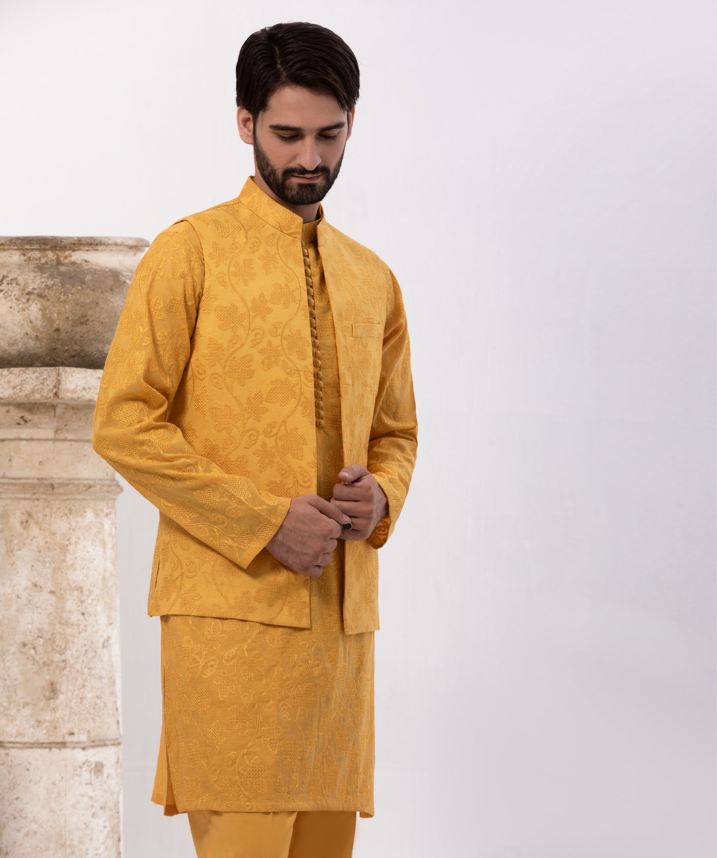 Special Cotton Fabric Shalwar Kameez & Waistcoat Yellow