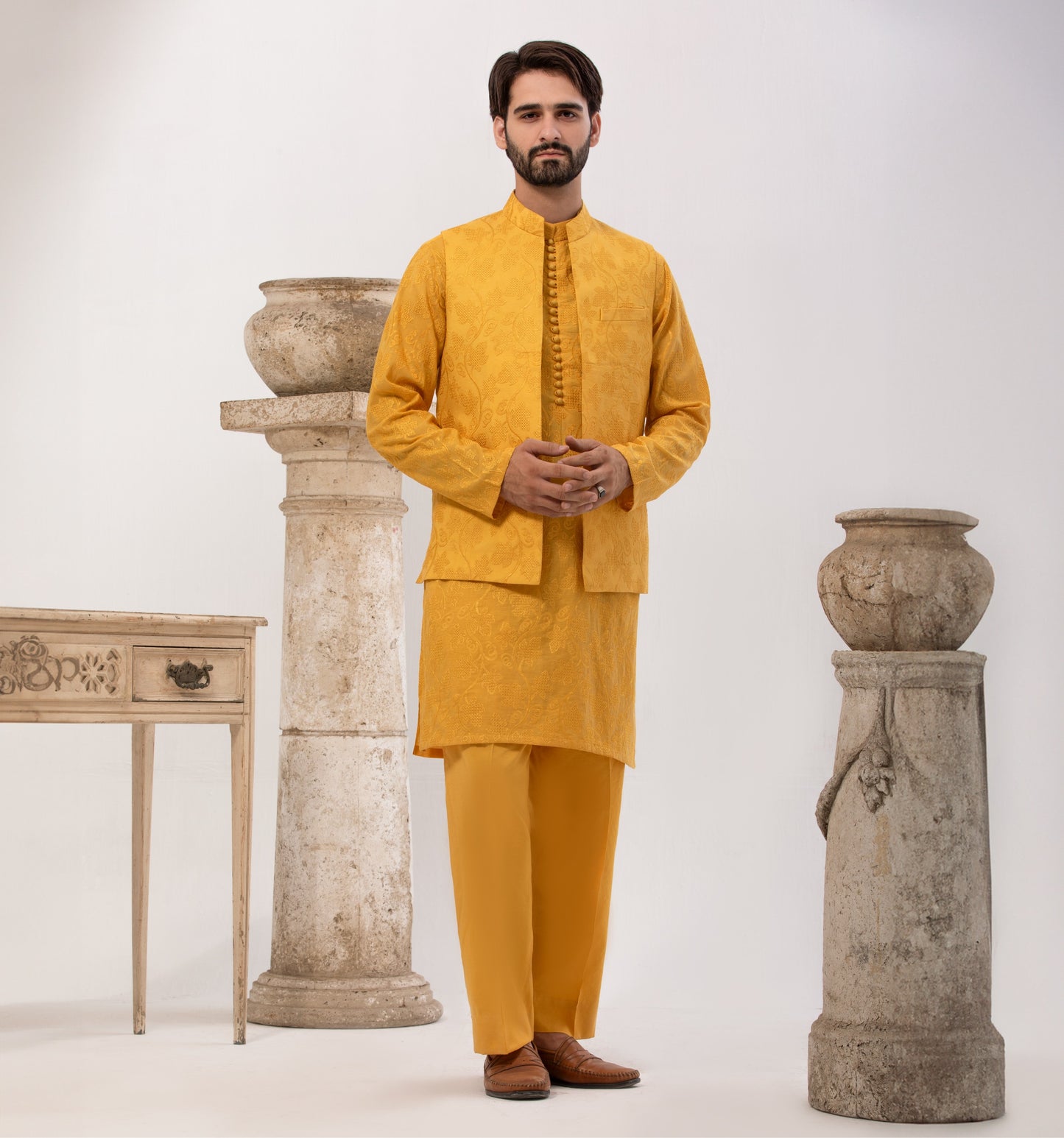 Special Cotton Fabric Shalwar Kameez & Waistcoat Yellow