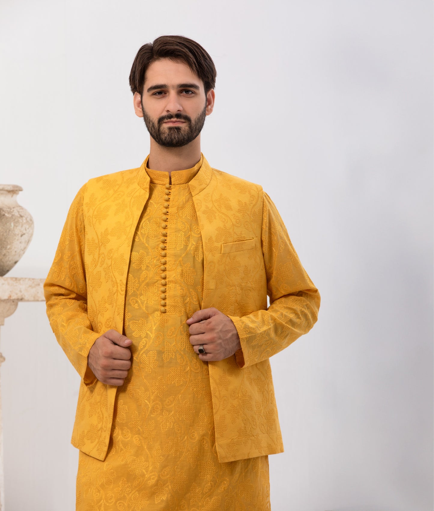 Special Cotton Fabric Shalwar Kameez & Waistcoat Yellow