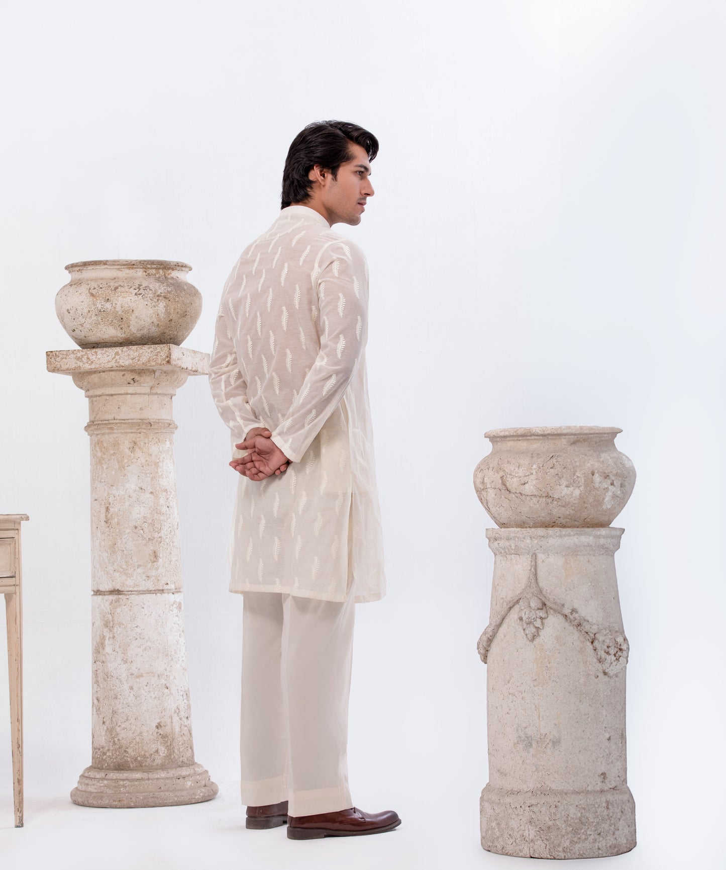 Off-White Self Cotton Fabric with Embroidered Loops