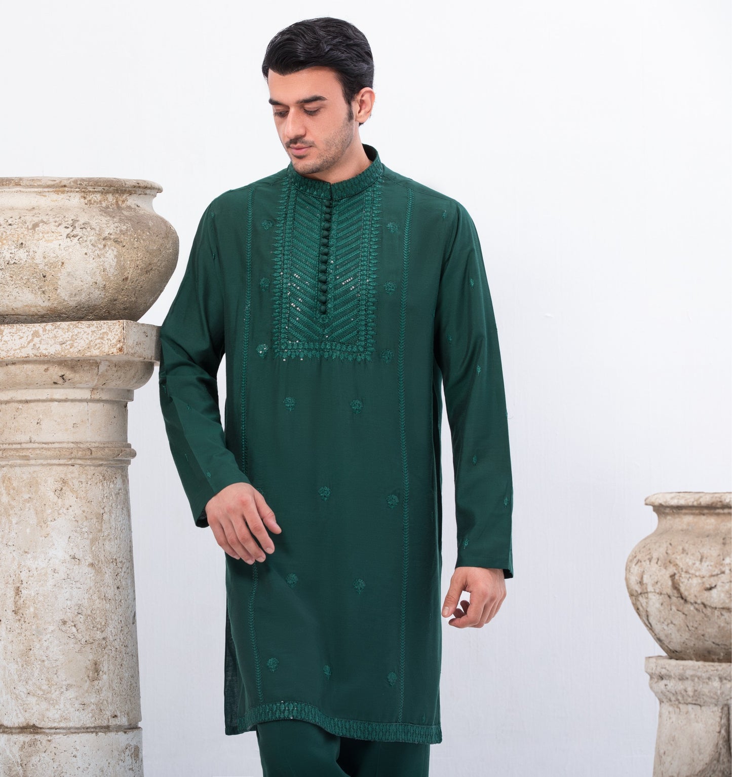 Green Cotton Fabric with Pattern Embroidery