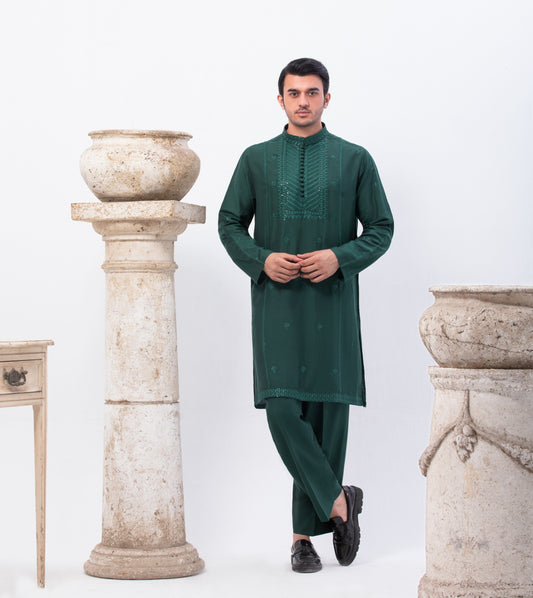 Green Cotton Fabric with Pattern Embroidery