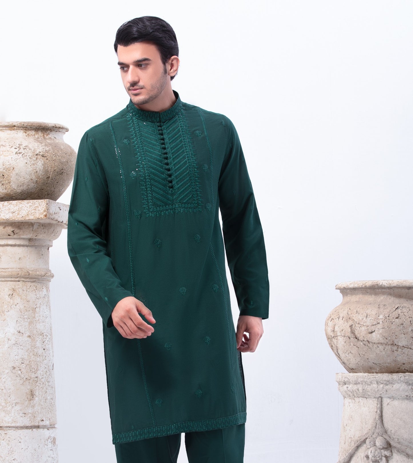 Green Cotton Fabric with Pattern Embroidery