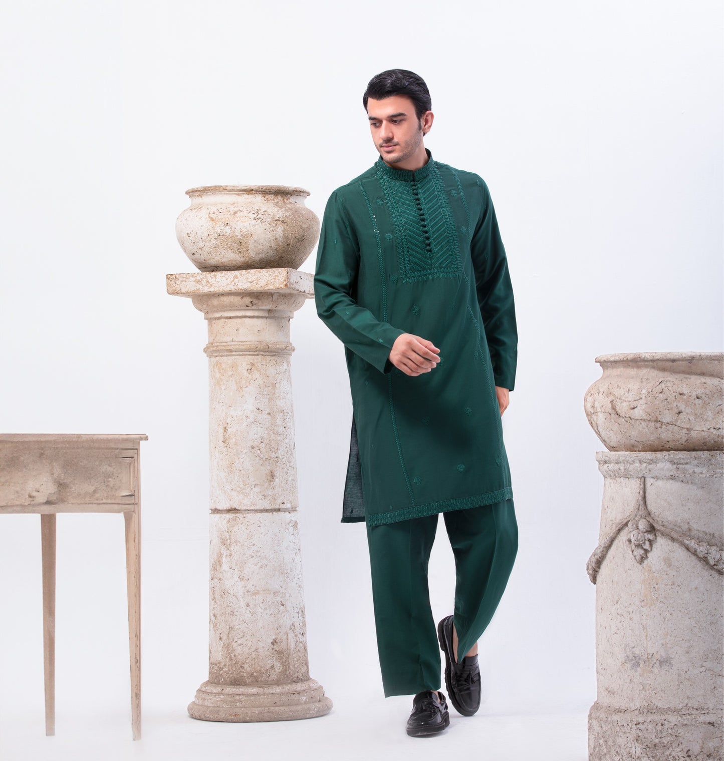 Green Cotton Fabric with Pattern Embroidery