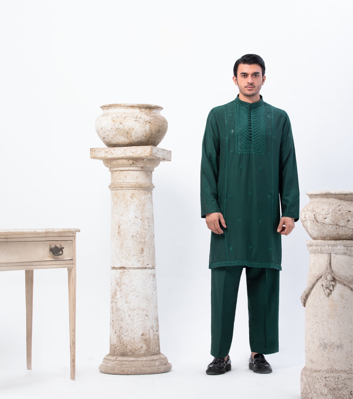 Green Cotton Fabric with Pattern Embroidery