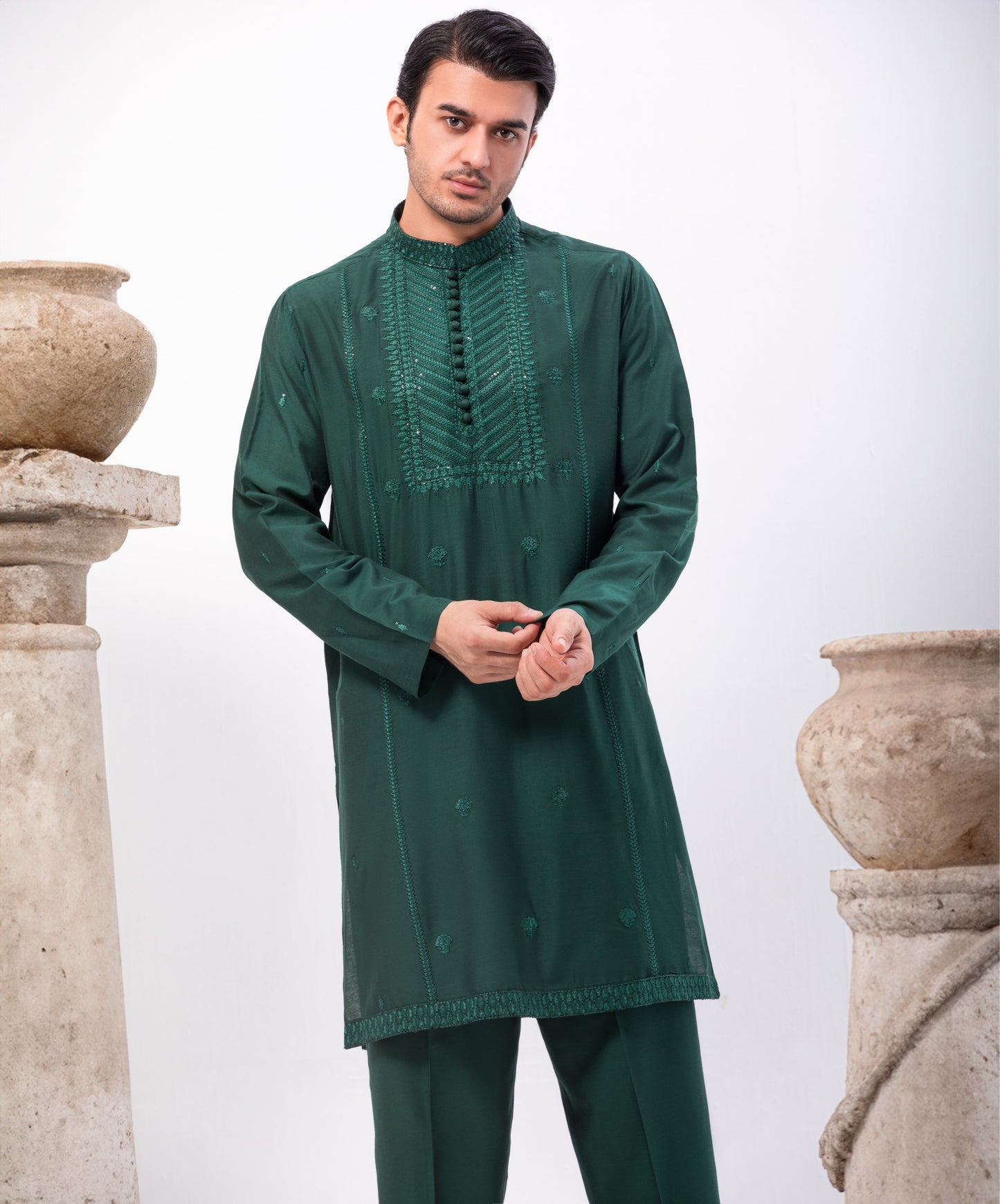 Green Cotton Fabric with Pattern Embroidery