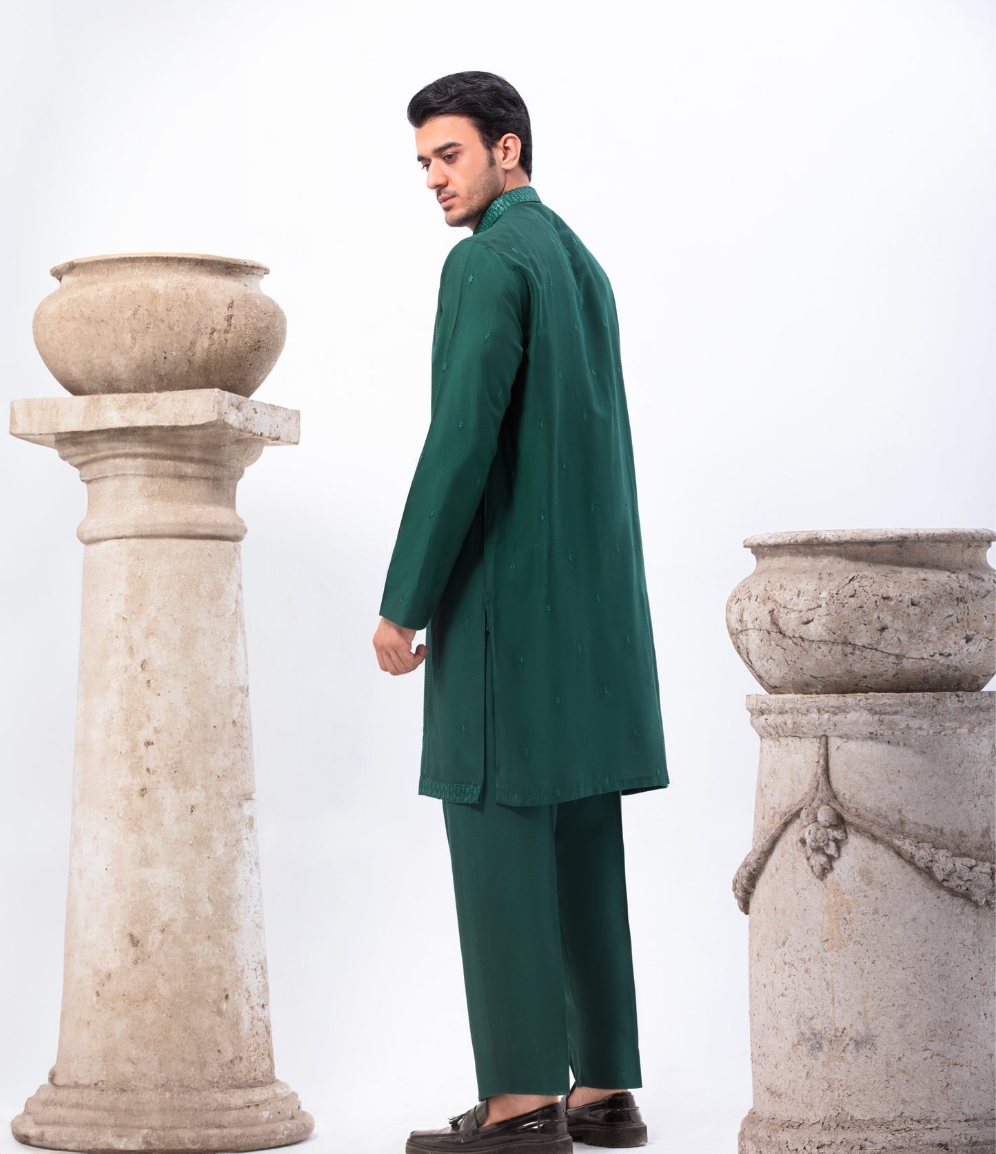 Green Cotton Fabric with Pattern Embroidery