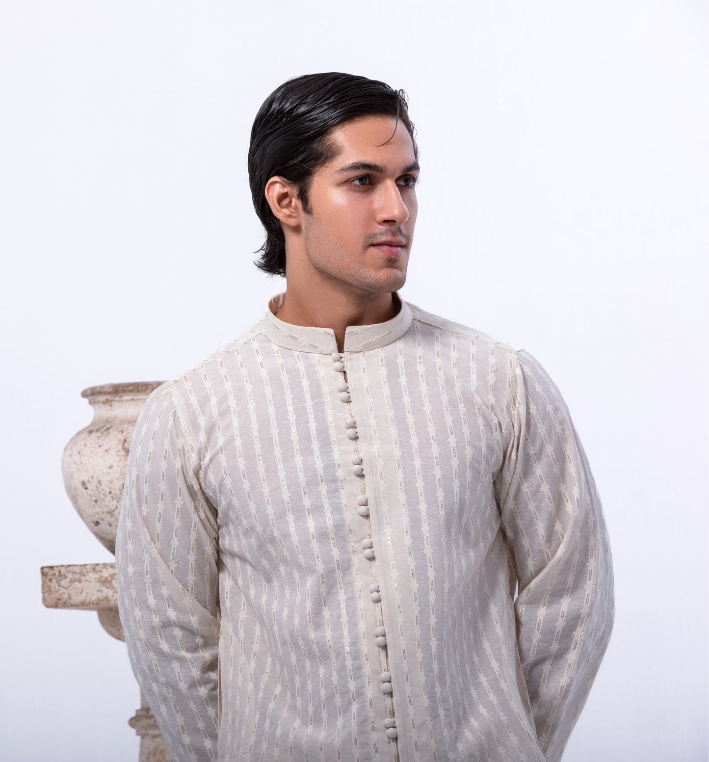 Off-White Self Cotton with Open Loop Embroidery