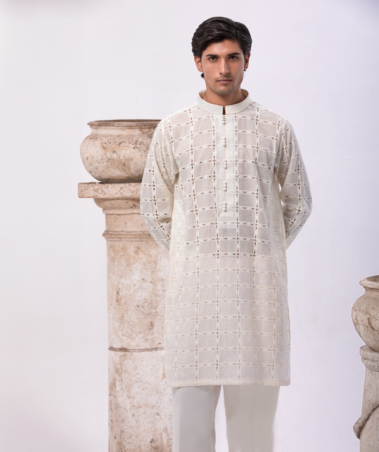 Off-White Self Cotton With Loops Embroidery