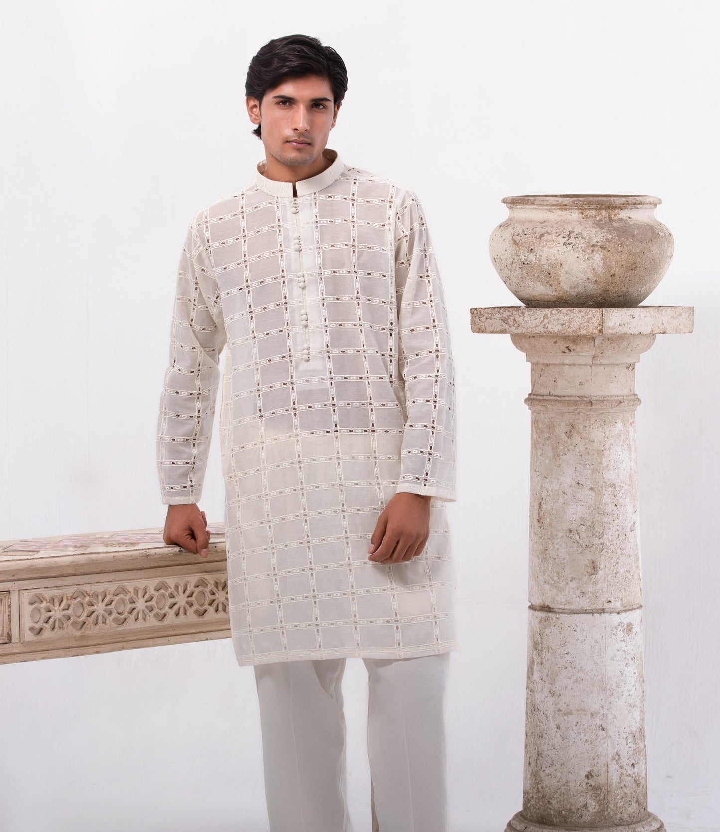 Off-White Self Cotton With Loops Embroidery