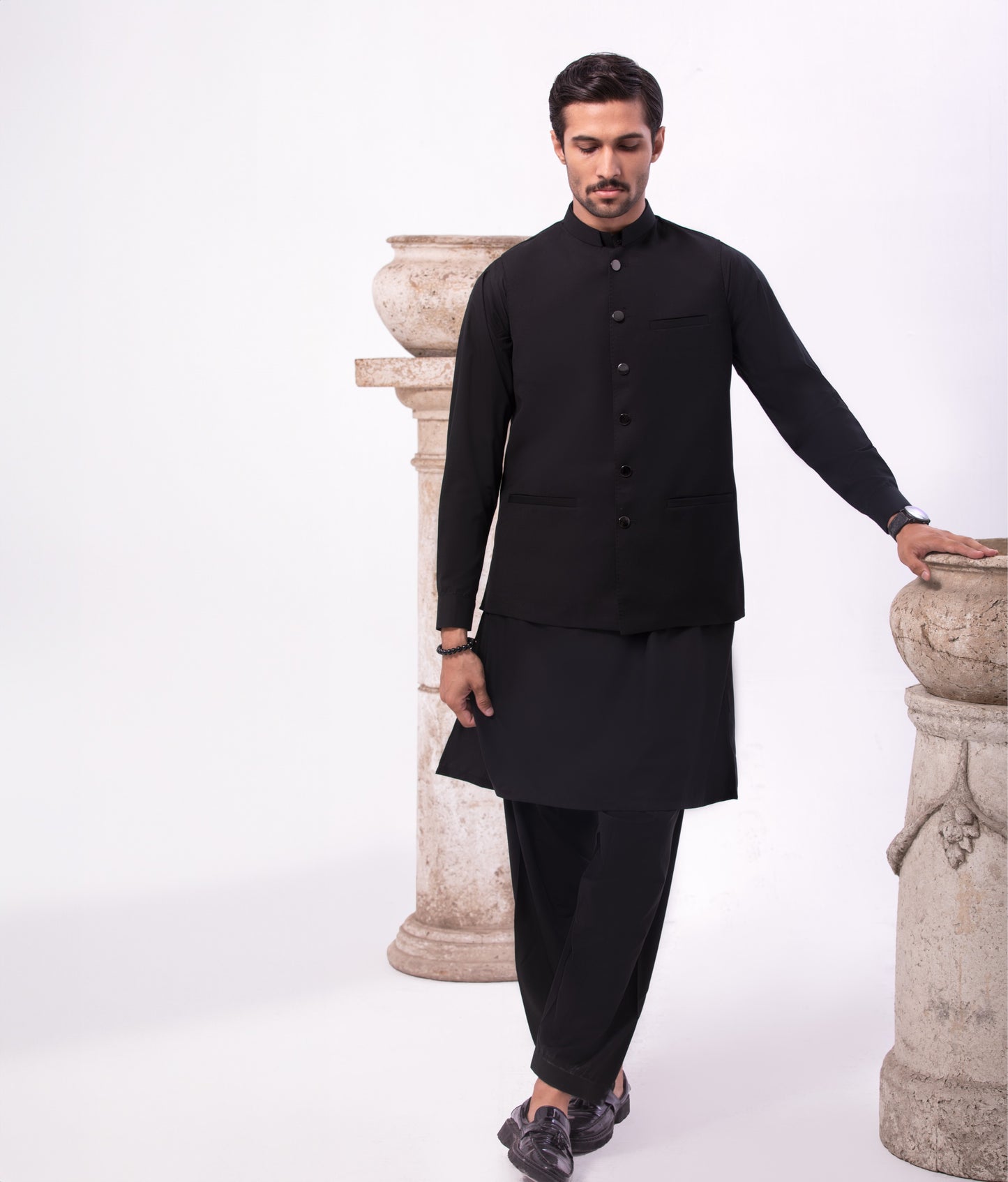 Special Blend Fabric Shalwar Kameez & Waistcoat Black