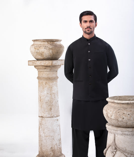 Special Blend Fabric Shalwar Kameez & Waistcoat Black