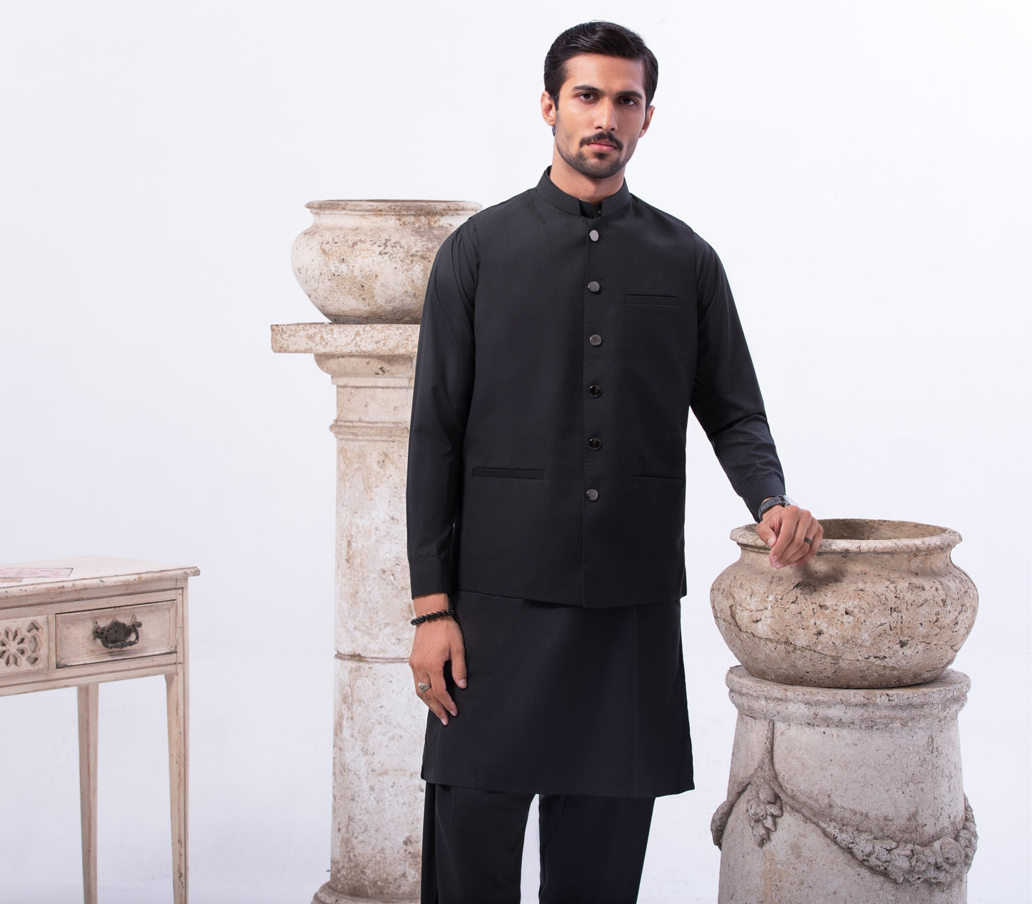 Special Blend Fabric Shalwar Kameez & Waistcoat Black