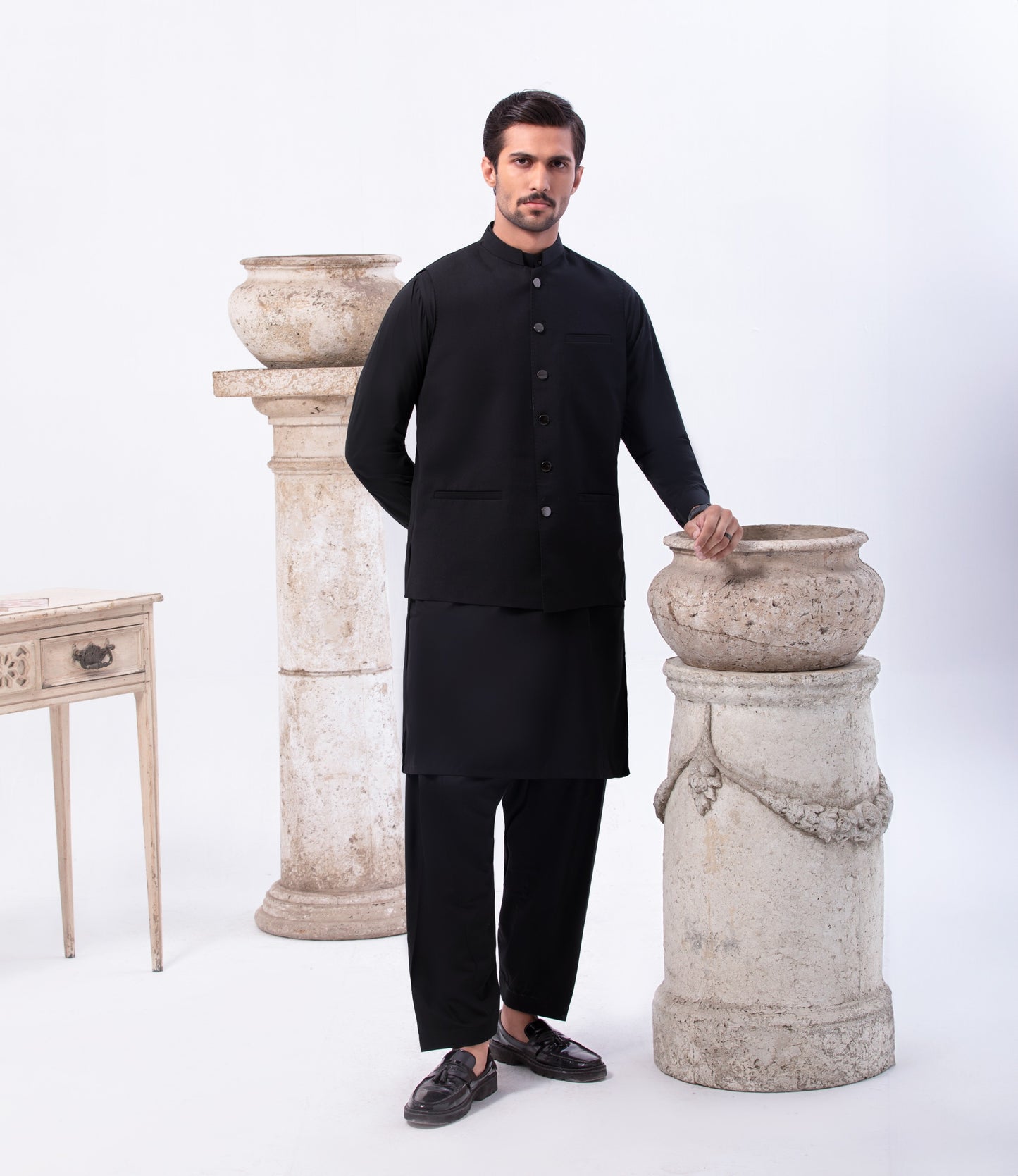 Special Blend Fabric Shalwar Kameez & Waistcoat Black