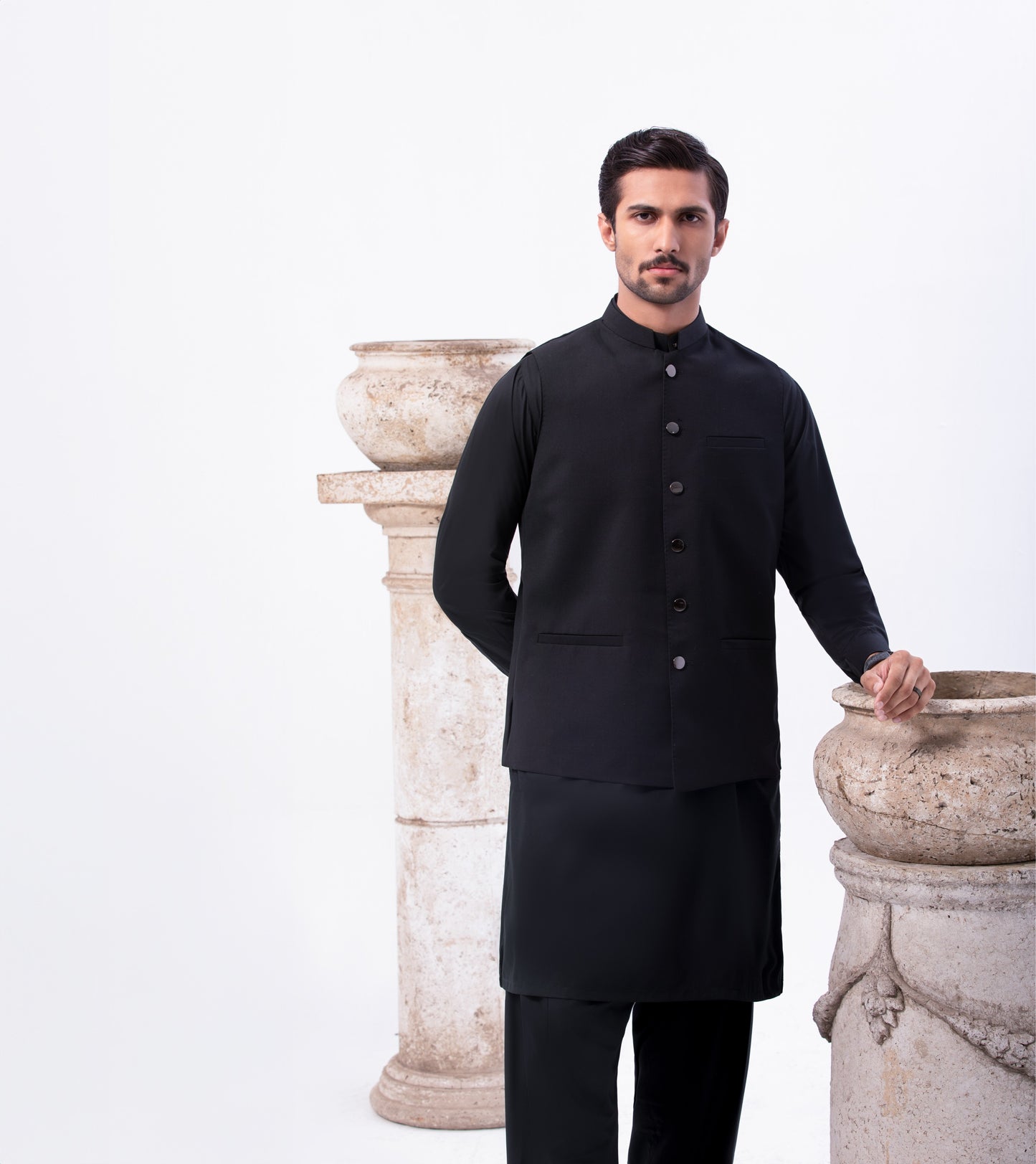 Special Blend Fabric Shalwar Kameez & Waistcoat Black